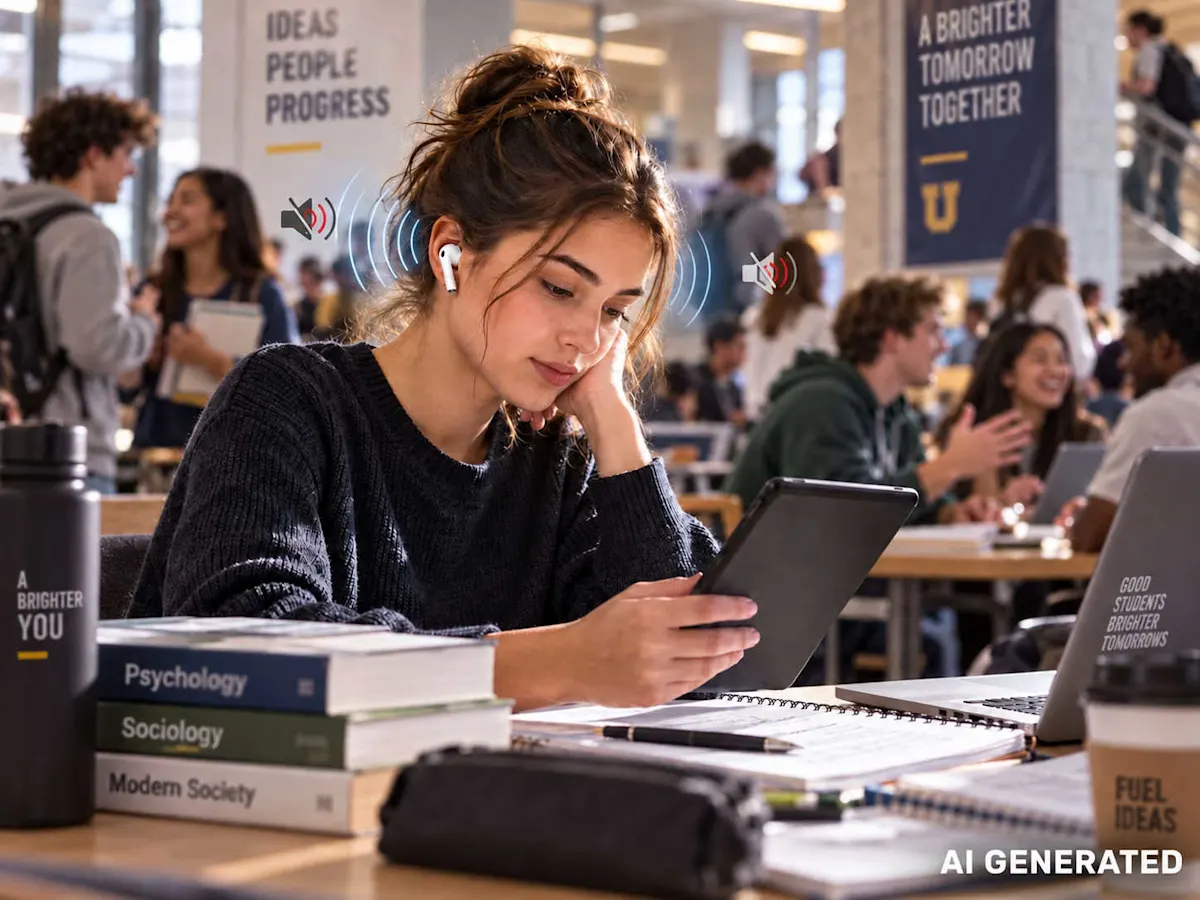 ragazza che studia con le cuffie