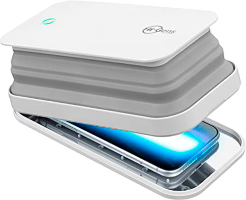 Dispositivo bianco con logo, parte grigia a soffietto e smartphone blu all'interno.