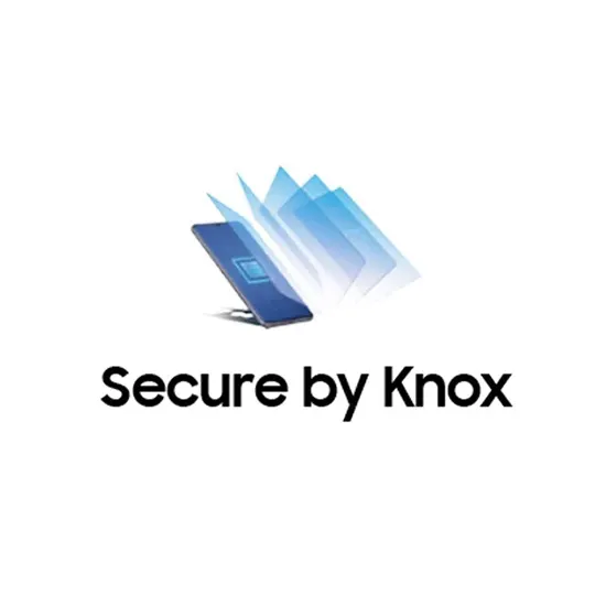 Logo "Secure by Knox" sotto un telefono blu con sovrapposizioni grafiche azzurre.