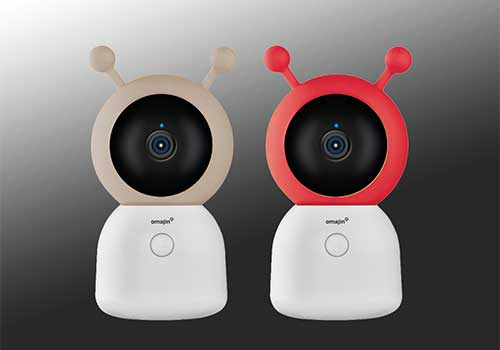 Due telecamere di sicurezza bianche con accenti beige e rossi su uno sfondo grigio.