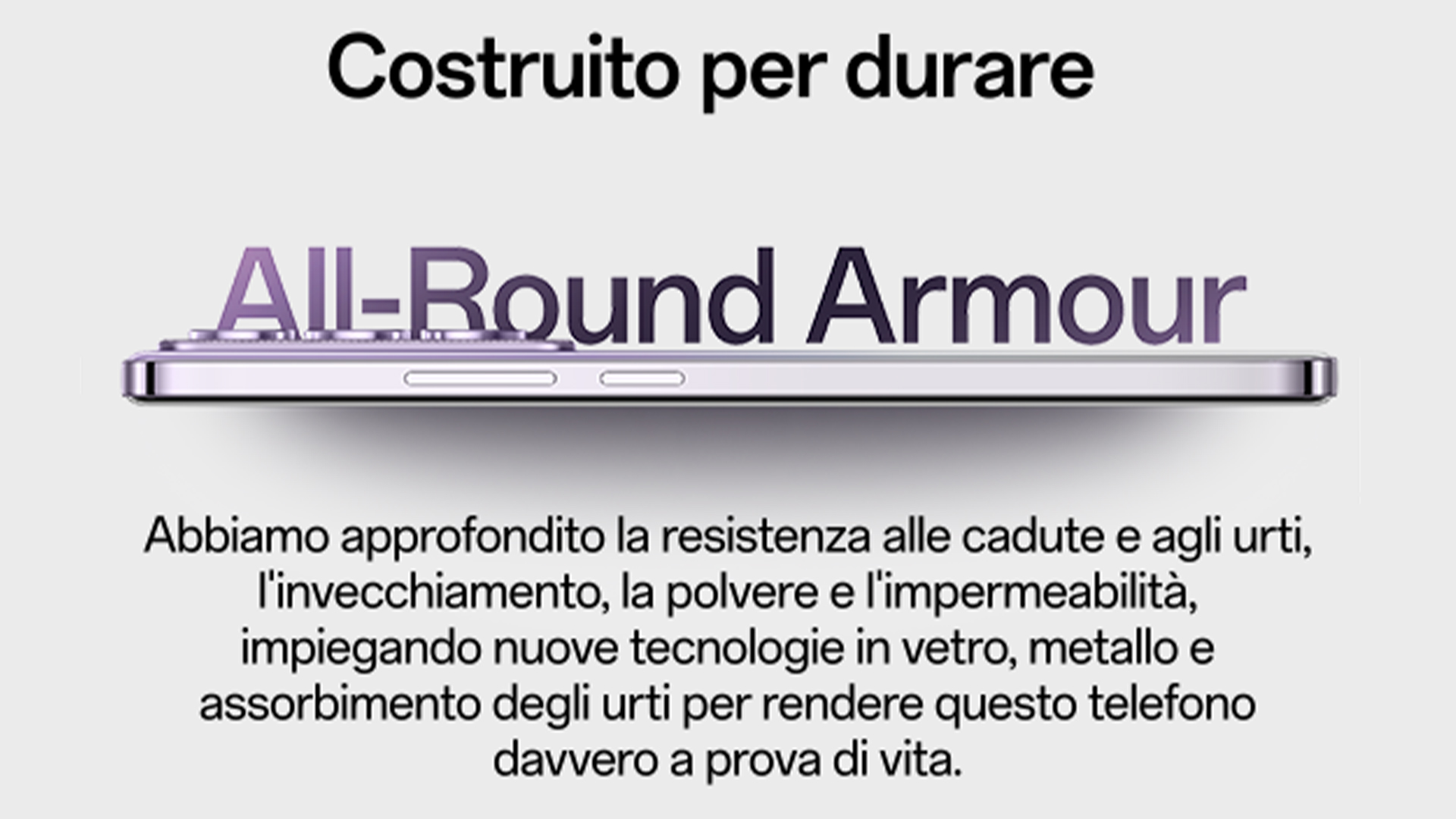 Telefono orizzontale in metallo con testo "All-Round Armour". Slogan "Costruito per durare" sopra. Testo informativo sotto.