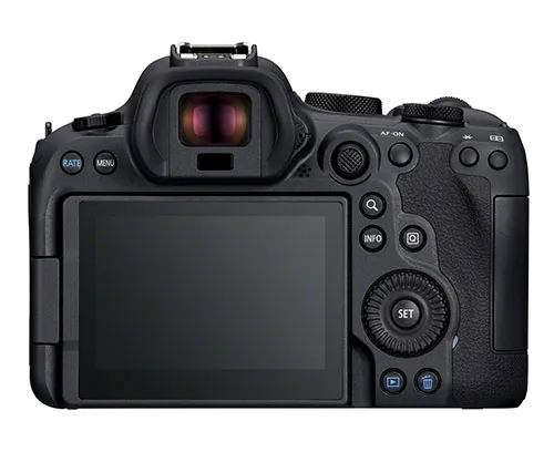 Retro di una fotocamera nera con schermo LCD, mirino e pulsanti di controllo visibili.