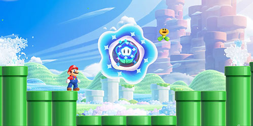 Mario in piedi su un tubo verde, con un fiore blu e un nemico giallo sullo sfondo di un paesaggio montuoso.
