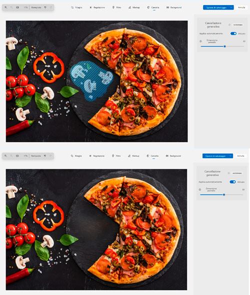 Pizza su piatto nero con pomodori, peperoni, funghi e basilico. Interfaccia software bianca a destra.