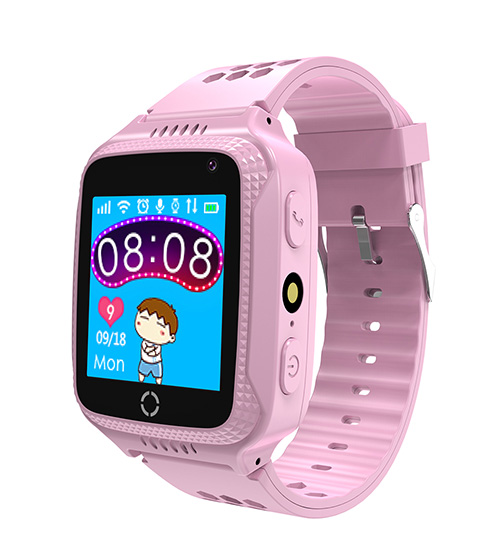 Orologio rosa con display che mostra l'ora 08:08, data 09/18 e un'icona di un personaggio animato su sfondo blu.