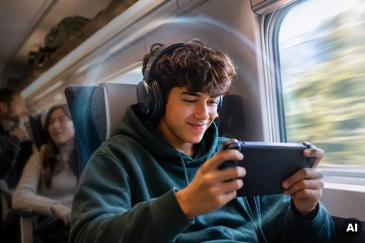 ragazzo che viaggia con le cuffie antirumore addosso