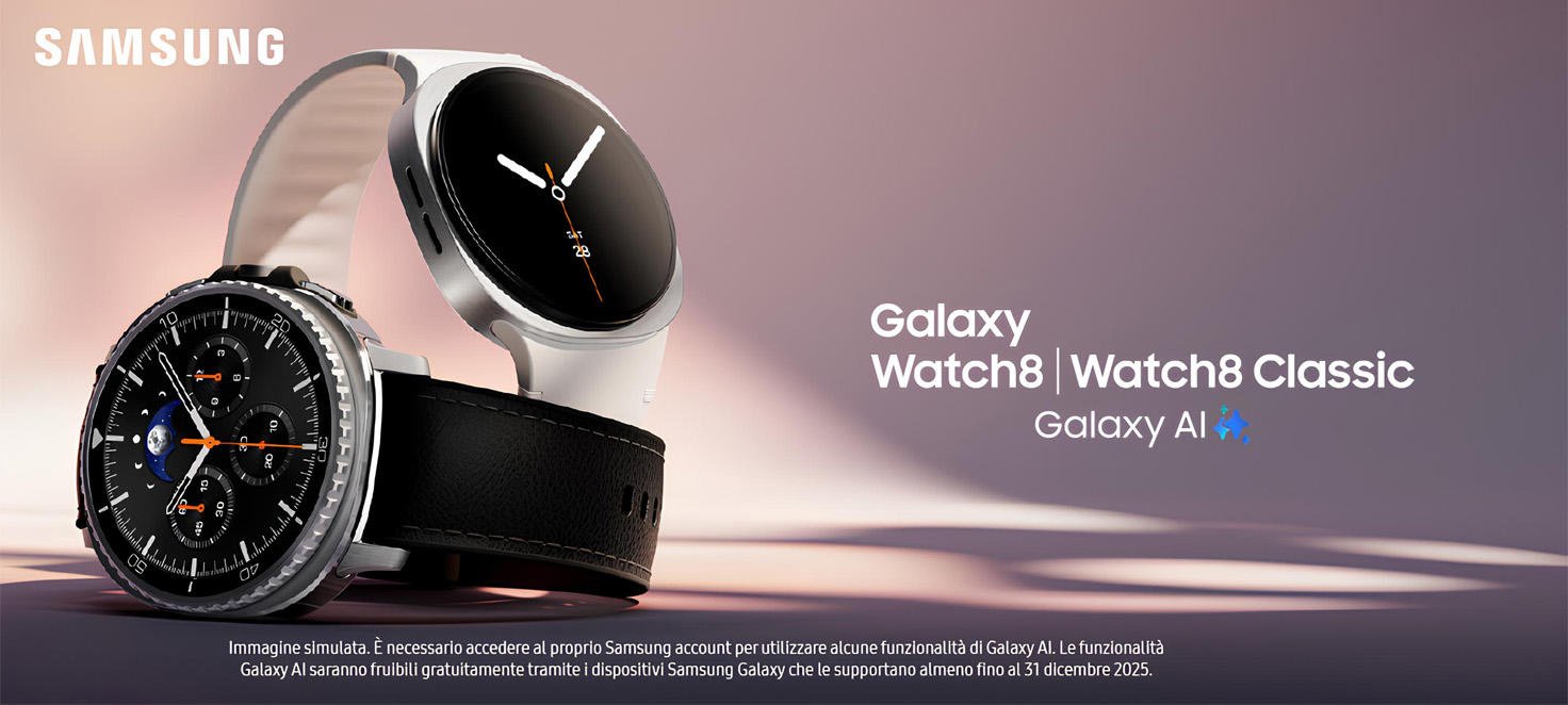 Due smartwatch Samsung differenti uno, il logo della Samsung e una scritta con maggiori informazioni riguardo al Galaxy AI, susfondo rosaceo/grigio