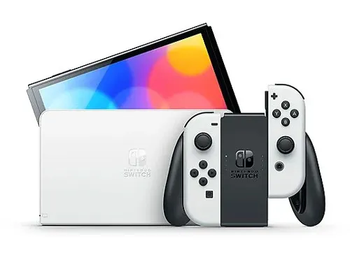 Console bianca Nintendo Switch OLED con schermo acceso e Joy-Con. Sullo schermo appaiono colori sfumati.