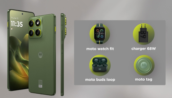 3 telefoni motorola con vicino degli accessori tech della promozione su sfondo grigio