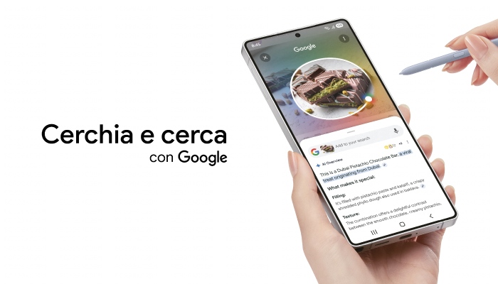 Un telefono mostra una ricerca Google su un dolce. Una mano tiene una penna stilo. Testo: "Cerchia e cerca con Google."