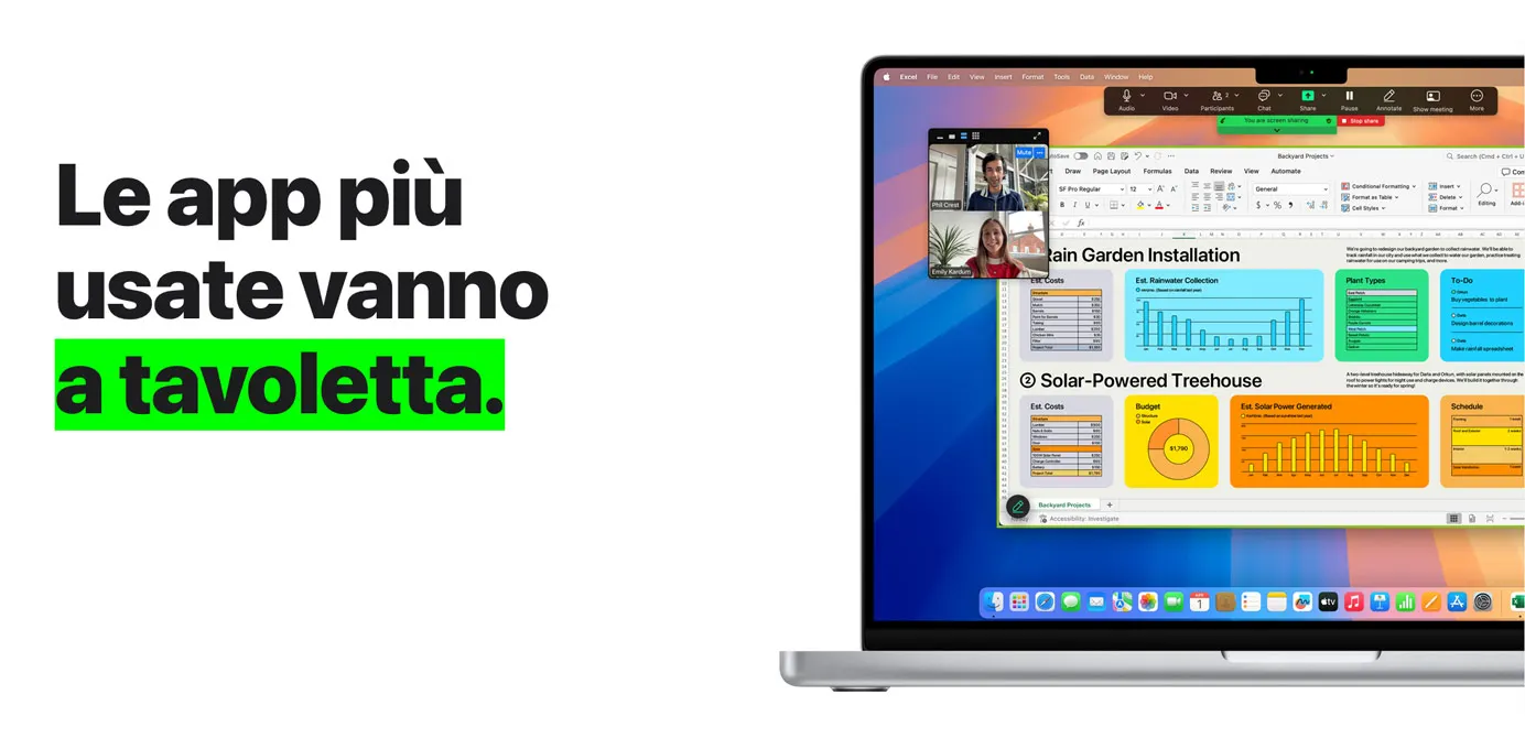Sullo schermo di un MacBook Pro da 16 pollici compaiono una serie di grafici, alcuni diagrammi e una videochiamata, a dimostrazione della compatibilità di macOS con Microsoft Excel e Zoom