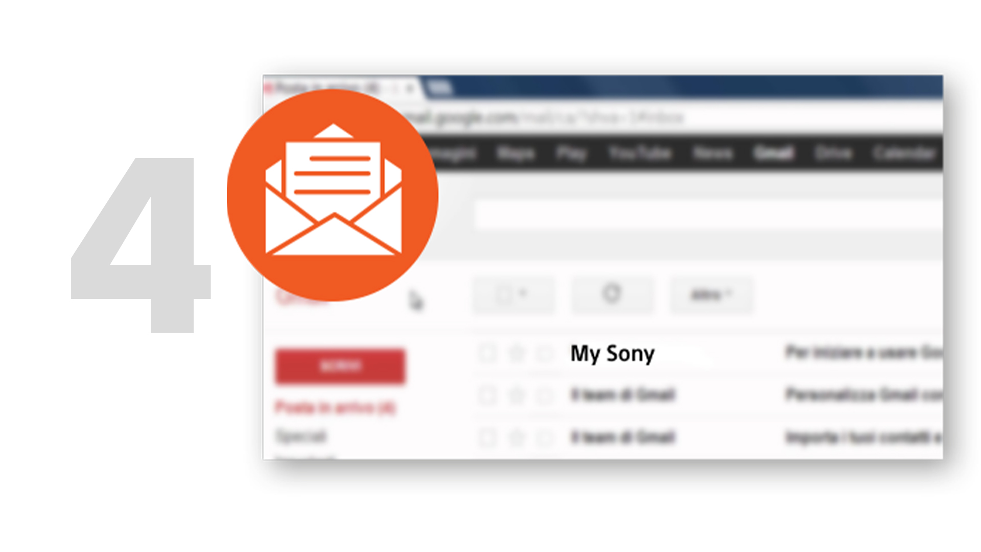 Un'icona arancione di busta da lettera, un numero "4" grigio e una schermata di Gmail con la scritta "My Sony".