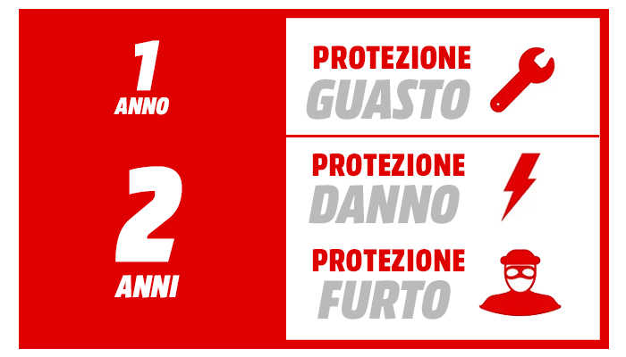 Testo promozionale rosso e bianco con "1 ANNO", "2 ANNI", "PROTEZIONE", icone di chiave inglese, fulmine e figura mascherata.