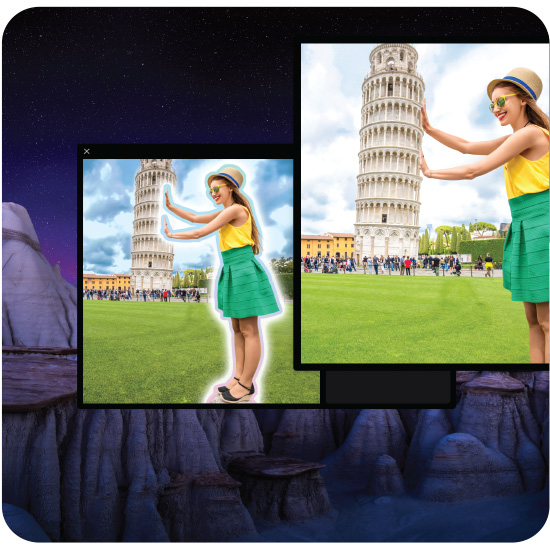 Donna che posa vicino alla Torre di Pisa. Indossa gonna verde e cappello. La torre si trova su un prato verde con persone.