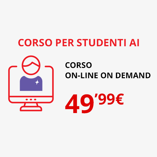 Annuncio di corso online per studenti AI a 49,99 €, con icona di monitor e figura stilizzata.
