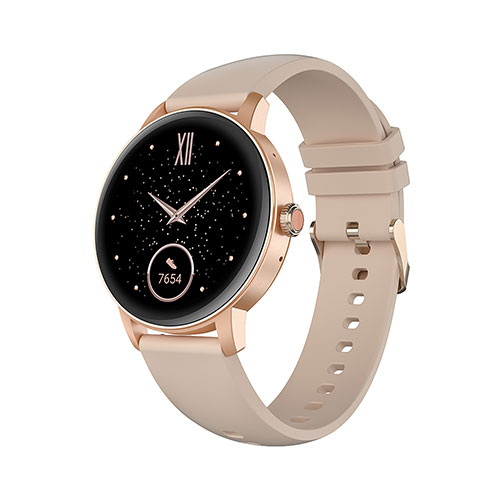 Orologio smart con cinturino beige, cassa tonda oro rosa, display nero con numeri romani e lancette.