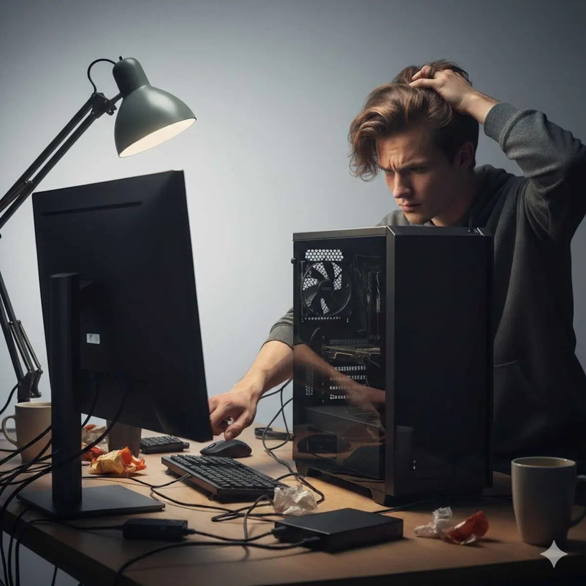 ragazzo seduto avanti a un pc che non si accende