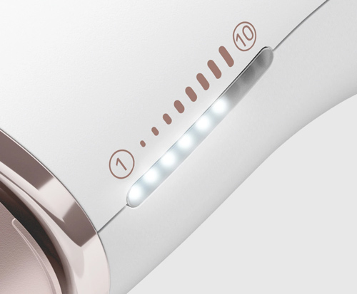 Dispositivo bianco con numeri da 1 a 10 e indicatori luminosi bianchi che indicano il livello di intensità.