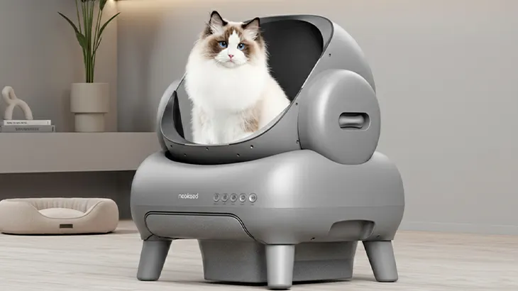 Un gatto Ragdoll bianco e grigio seduto all'interno di una lettiera autopulente smart di colore grigio opaco. Il dispositivo ha un design futuristico con piedini rialzati e un pannello di controllo frontale, posizionato in un salotto moderno.