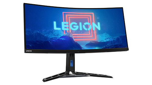 Monitor curvo nero con la scritta "LEGION" in bianco su uno sfondo blu con una cornice rossa.