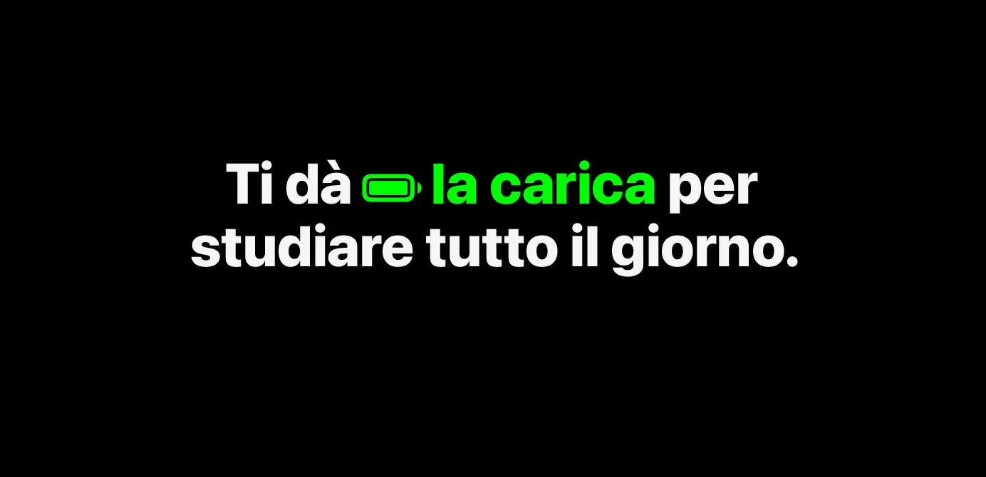 Scritta verde e bianca " Ti da la carica per studiare tutto il giorno" su sfondo nero