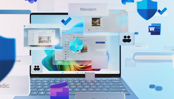 Un computer portatile mostra finestre aperte su uno sfondo blu con icone e elementi dell'interfaccia utente di Windows.