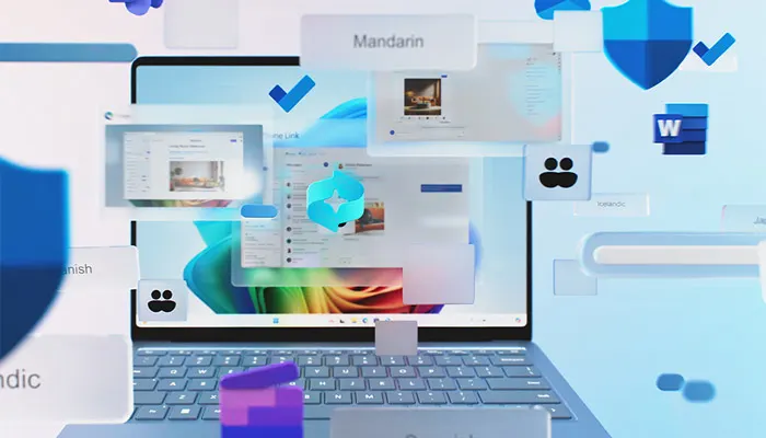 Un computer portatile mostra finestre aperte su uno sfondo blu con icone e elementi dell'interfaccia utente di Windows.