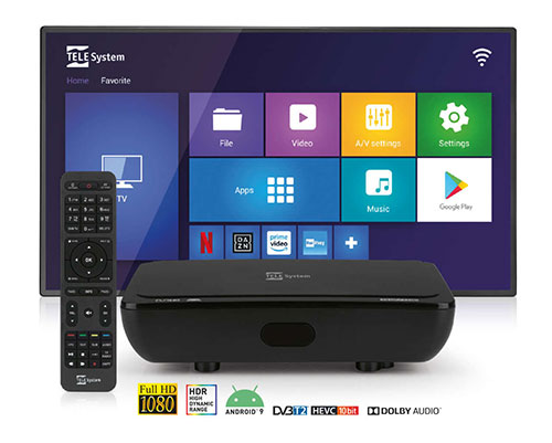 Schermo TV con interfaccia utente, decoder nero e telecomando. Icone colorate per app e impostazioni.