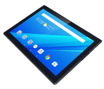 Tablet nero con schermo blu acceso, icone app visibili e barra di ricerca bianca in alto.