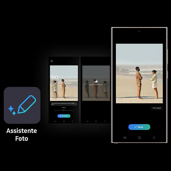 Schermata di cellulare con uomo e donna sulla spiaggia, app "Assistente Foto" con icona matita blu.