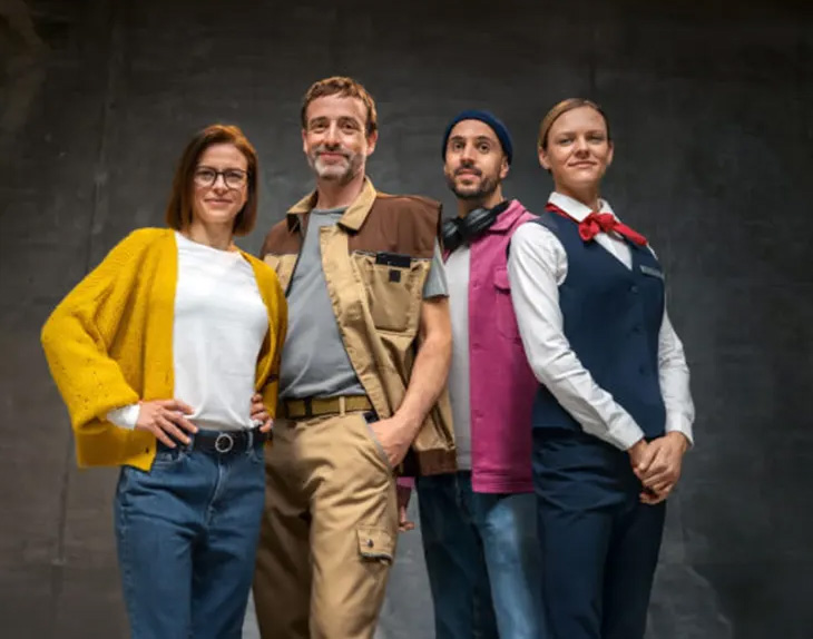 Quattro persone in abiti da lavoro diversi posano su sfondo grigio. Una indossa un cardigan giallo, un altro una tuta da lavoro beige.