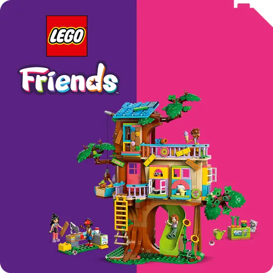 Due figure Lego Friends su sfondo diviso in rosa e viola. In alto, loghi Lego e Friends e un gatto grigio.
