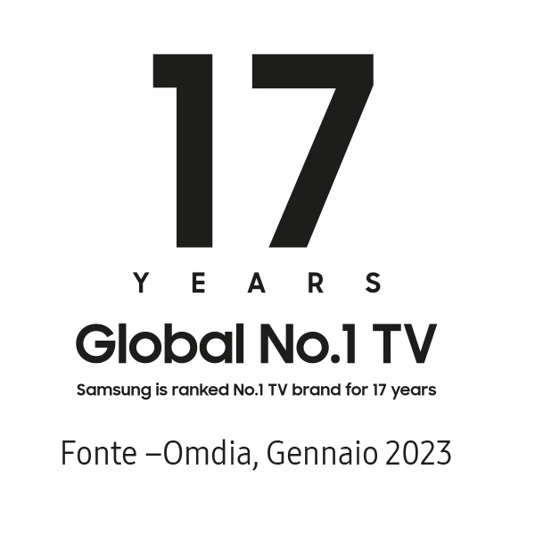 Testo su sfondo bianco che celebra i 17 anni come TV numero 1 al mondo, fonte Omdia, gennaio 2023.
