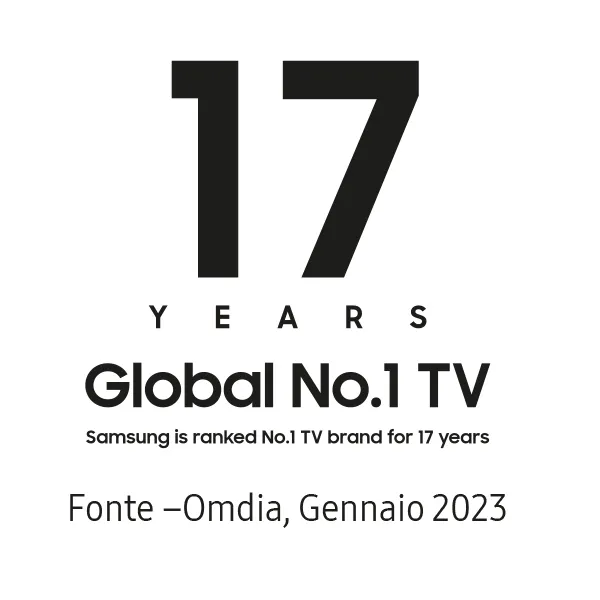Testo su sfondo bianco che celebra i 17 anni come TV numero 1 al mondo, fonte Omdia, gennaio 2023.
