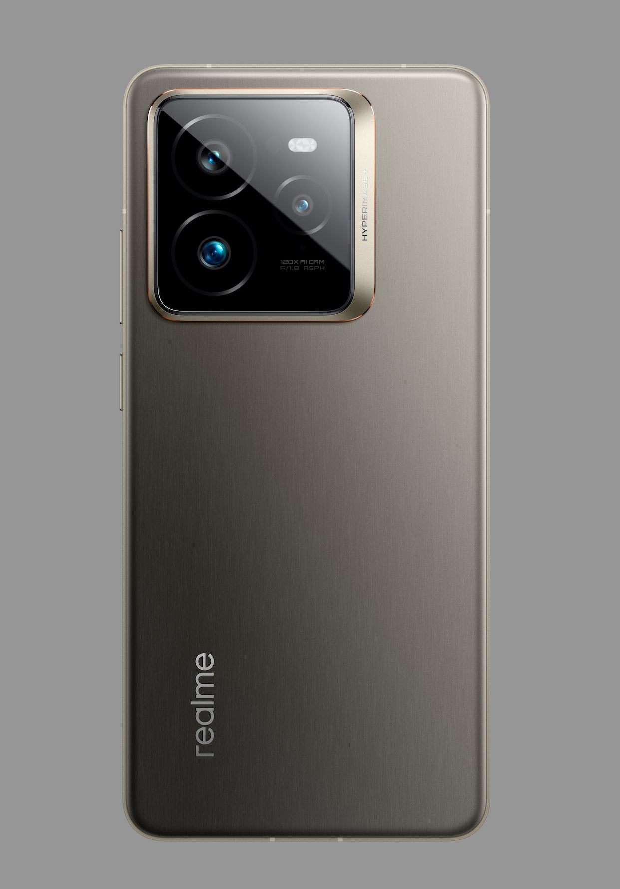 Vista posteriore di un telefono color talpa con tripla fotocamera e scritta "realme" in basso.