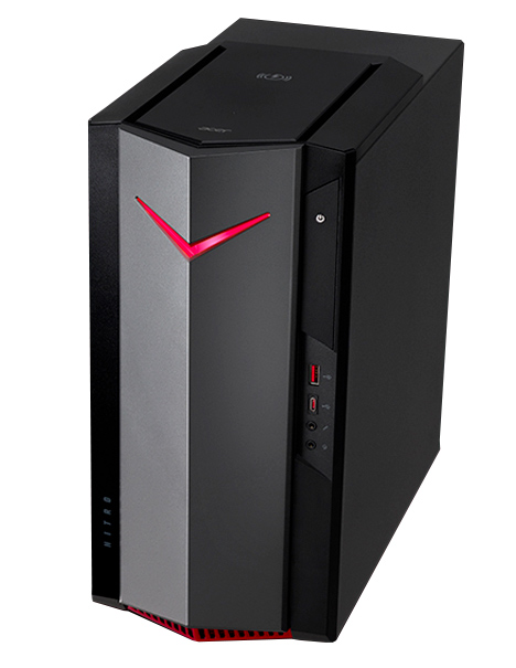 Case del computer nero e grigio con accenti rossi, con forma angolare e una porta USB visibile.