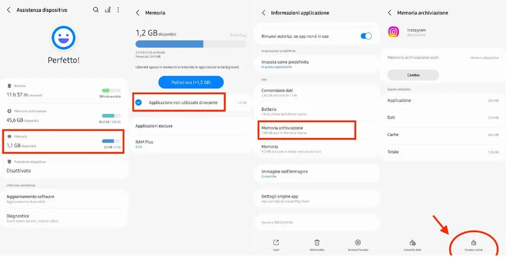 Tre schermate di un telefono mostrano le impostazioni di memoria e pulizia cache.