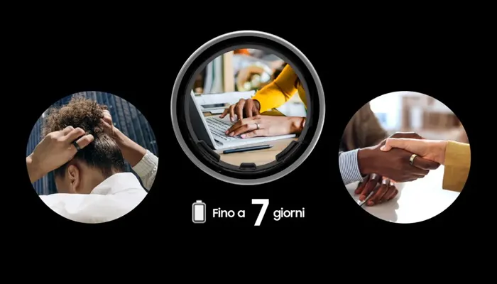 Tre cerchi su sfondo nero mostrano persone: una che si sistema i capelli, una che usa un laptop e una stretta di mano.