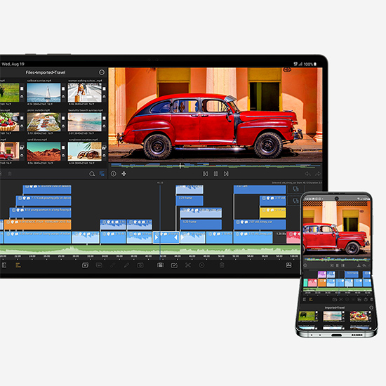 Un tablet e un telefono mostrano un'interfaccia di editing video con un'auto rossa sullo sfondo.