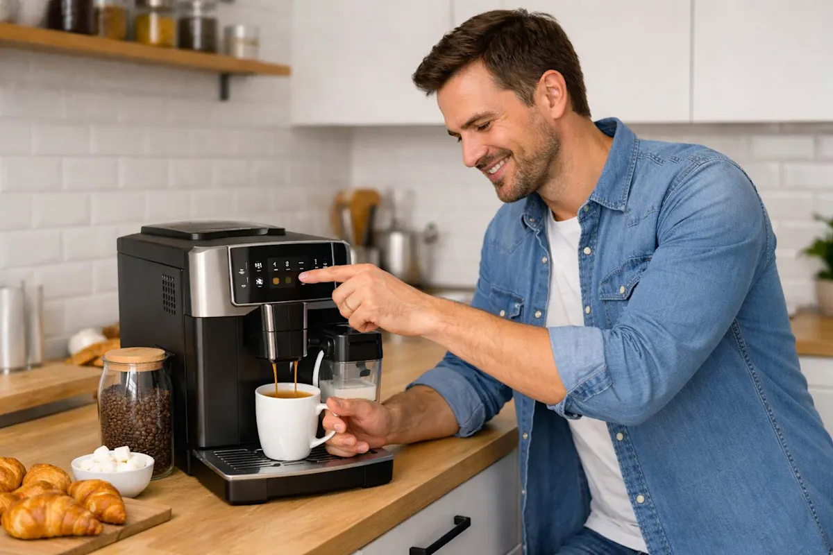 uomo che si prepara un caffè in cucina utilizzando una macchina da caffè automatica