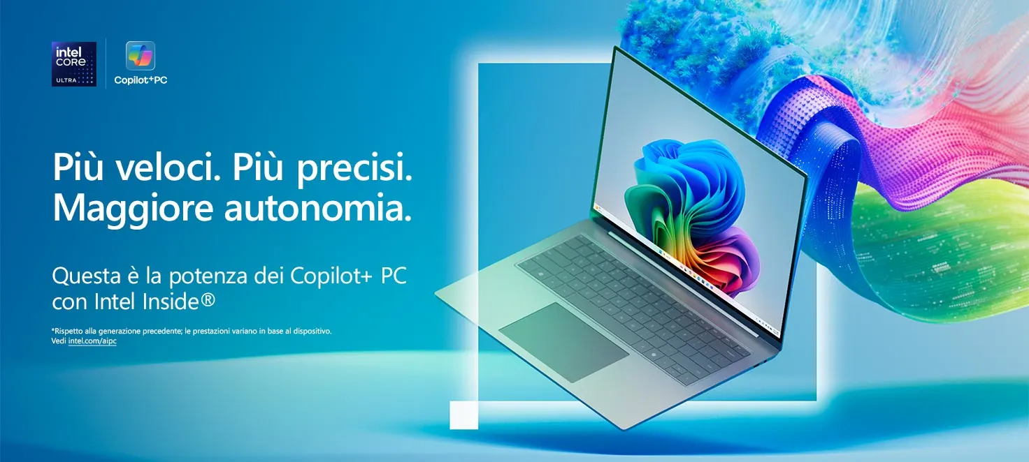notebook copilot+ pc su sfondo azzurro con onde multicolori che fuoriescono dal retro