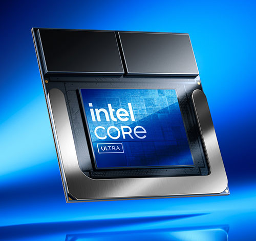 Circuito integrato Intel Core Ultra su sfondo blu, incastonato in una cornice metallica con alette di raffreddamento nere.