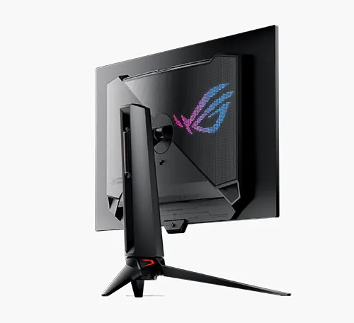 Vista posteriore di un monitor nero con logo colorato e supporto a treppiede su sfondo bianco.