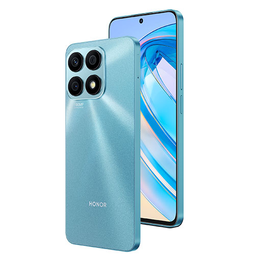 Due telefoni color celeste sono mostrati. Uno ha quattro obiettivi della fotocamera sul retro. L'altro ha uno schermo acceso.