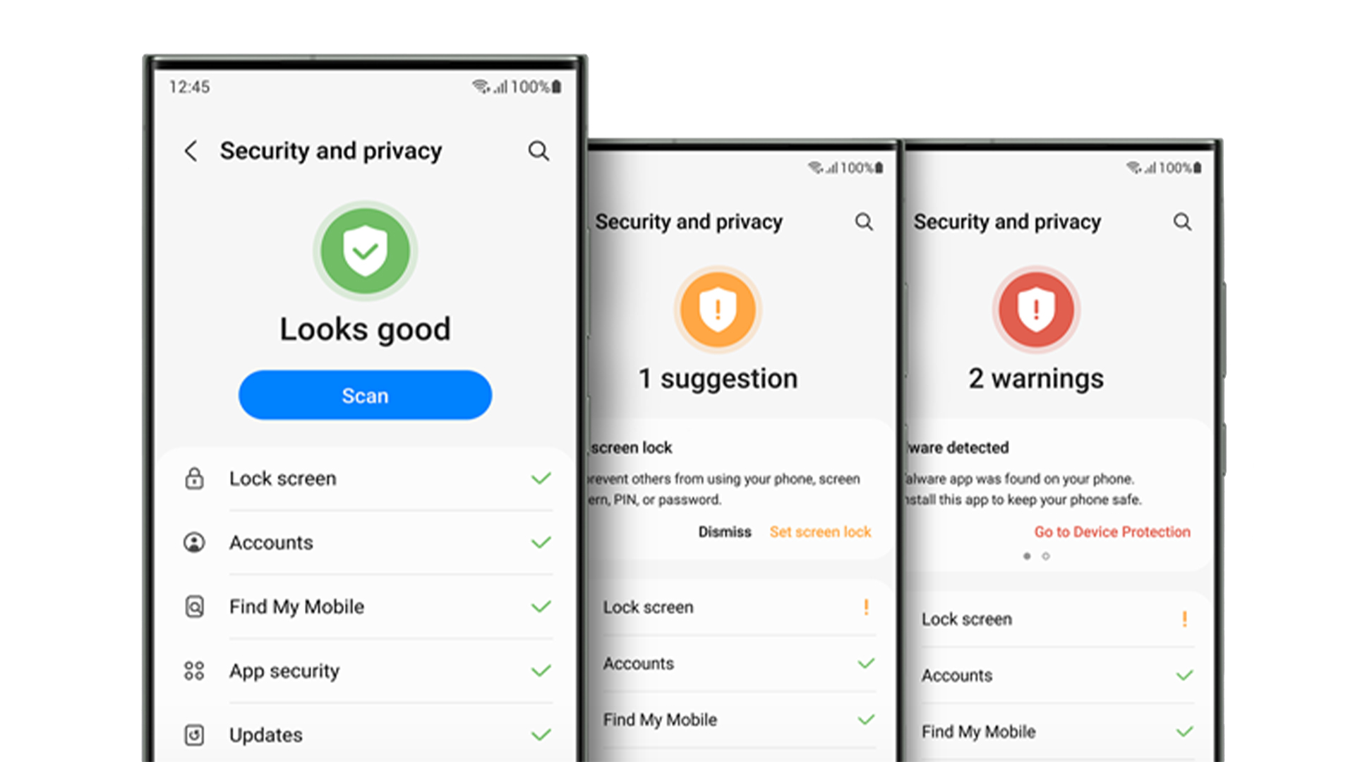 Tre schermate di un telefono mostrano impostazioni di sicurezza: "Looks good", "1 suggestion", "2 warnings".