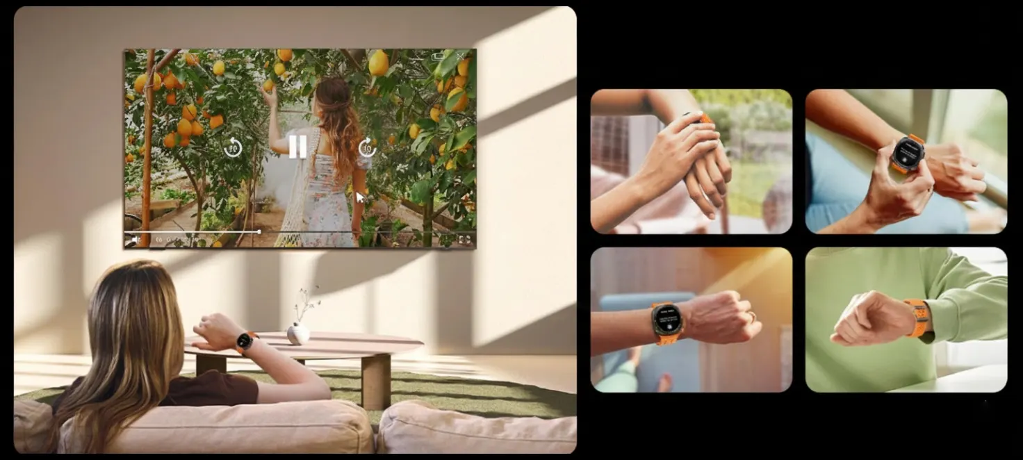 Collage di immagini che mostra una donna usare le gestures verso la tv col suo smartwatch galaxy