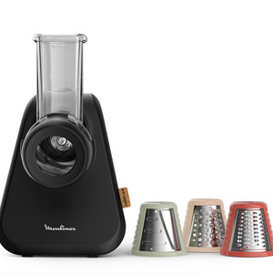 Grattugia elettrica nera con tre coni colorati per diversi tipi di taglio su sfondo bianco.