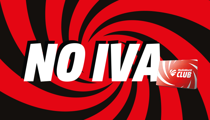 Sfondo rosso con spirali. Scritta "NO IVA" in bianco e nero. Carta MediaWorld CLUB.