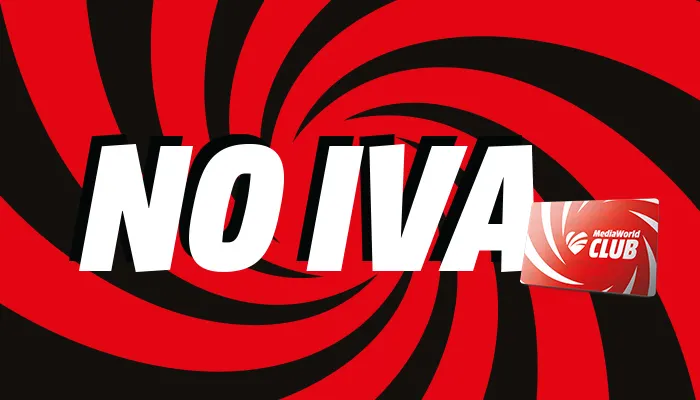 Sfondo rosso con spirali. Scritta "NO IVA" in bianco e nero. Carta MediaWorld CLUB.