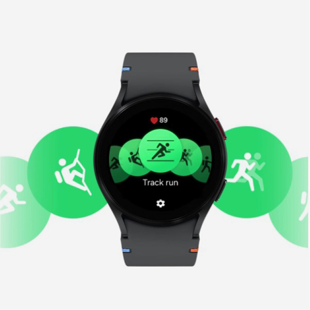 Orologio digitale nero con schermo che mostra icone di attività fisica su sfondo bianco e cerchi verdi.